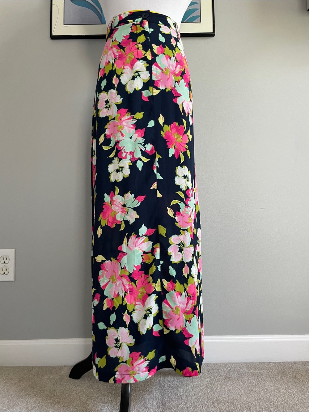 Kut from the Kloth Floral Navy Petite Maxi Skirt with Pink Aqua & White Blooms